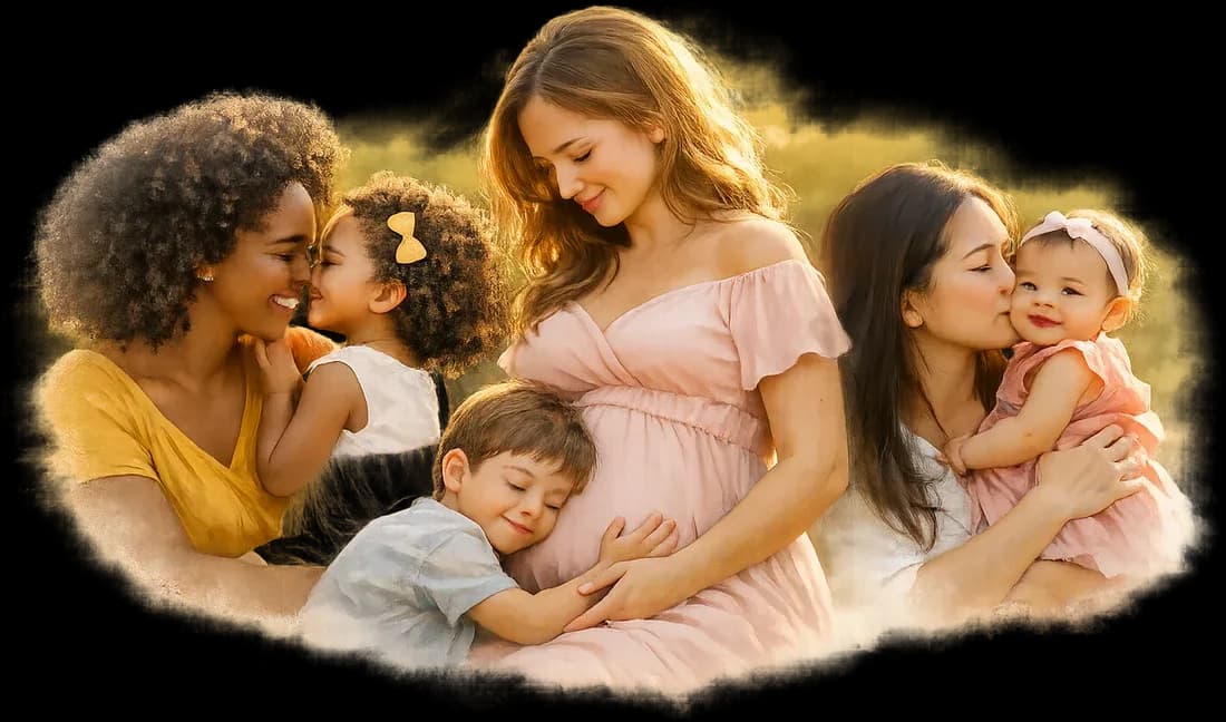 Três mães ao ar livre com seus filhos, em um momento de carinho